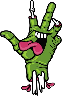 Hình minh họa bàn tay zombie màu xanh lá cây với ngón tay gãy lộ xương, miệng cười rộng và lưỡi lè ra, phong cách hoạt hình.