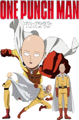 Hình ảnh nhân vật Saitama từ anime One Punch Man với nhiều tư thế khác nhau, kèm chữ "ONE PUNCH MAN"