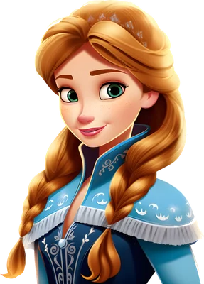 Hình minh họa công chúa Anna từ Frozen với tóc bím vàng, mắt xanh lá, mặc trang phục xanh dương và mỉm cười thân thiện.