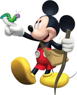 Mickey Mouse hoạt hình vui vẻ, đeo túi và cầm gậy, đang đi bộ và nâng niu một con sâu bướm màu xanh lá trên tay.