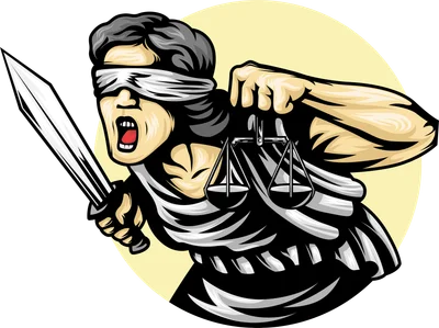 Hình minh họa nữ thần công lý Justitia bị bịt mắt, tay cầm kiếm và cán cân, miệng đang hét lớn.