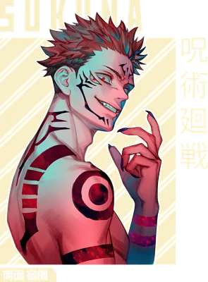 Hình ảnh nhân vật Sukuna từ anime Jujutsu Kaisen với nụ cười gian xảo và các hình xăm đặc trưng trên cơ thể.