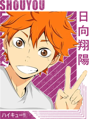 Nhân vật anime Shoyo Hinata Haikyuu với mái tóc cam, cười tươi và giơ hai ngón tay theo ký hiệu hòa bình.