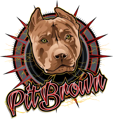Hình ảnh minh họa chó Pitbull màu nâu với đôi mắt xanh lá, đứng trước vòng tròn gai góc màu đỏ và đen, có chữ 'PitBrown' bên dưới.