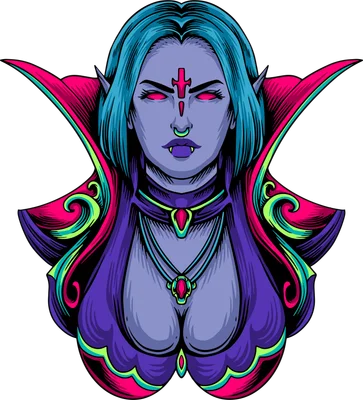 Hình minh họa nữ ma cà rồng với đôi mắt đỏ và trang phục phong cách dark fantasy