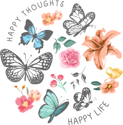 Hình ảnh trang trí với bướm xanh, hồng, đen trắng và nhiều loại hoa hồng, lily, hoa nhỏ màu pastel trên nền xám. Có chữ 'HAPPY THOUGHTS' và 'HAPPY LIFE'.