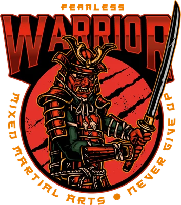 Hình minh họa chiến binh Samurai mặc giáp đỏ, mặt nạ quỷ dữ, cầm kiếm katana sắc bén, trên nền đỏ và chữ.