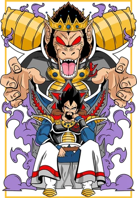 Hình vẽ Vua Vegeta ngồi trên ngai vàng, phía sau là hình ảnh khỉ đột khổng lồ đội vương miện.