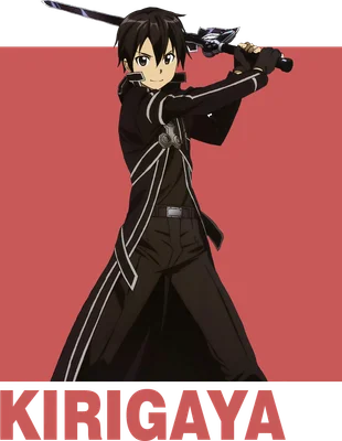 Nhân vật Kirito trong Sword Art Online, mặc áo khoác đen, cầm kiếm, phong cách anime.