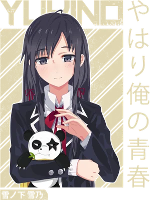 Hình ảnh cô gái anime tóc đen, mặc đồng phục, ôm gấu trúc đồ chơi, có chữ tiếng Nhật.