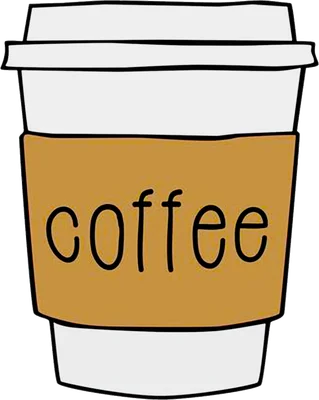 Hình minh họa ly cà phê giấy màu trắng với vỏ bọc màu nâu có chữ "coffe" viết tay.