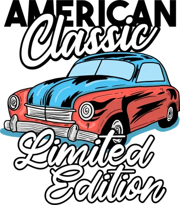 Hình minh họa xe hơi cổ điển Mỹ màu đỏ và xanh dương với chữ 'AMERICAN Classic Limited Edition' trên nền xám.