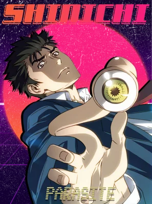 Hình ảnh anime Shinichi Kuranagi cầm một con mắt ký sinh trùng, với nền retro màu hồng và tím.