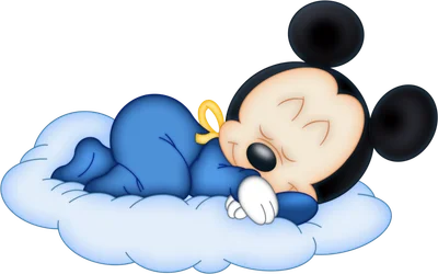 Hình ảnh hoạt hình chuột Mickey bé con mặc đồ xanh dương, ngủ say trên đám mây trắng xanh, tạo cảm giác bình yên, dễ thương.