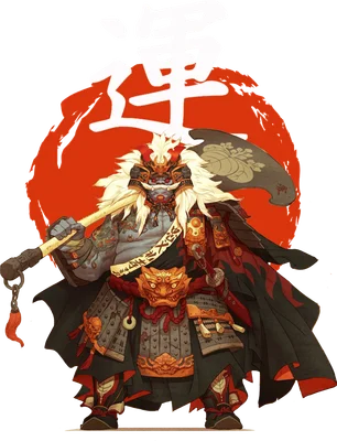 Hình ảnh chiến binh Nhật Bản với trang phục samurai, mặt nạ Oni, cầm rìu lớn, có chữ Hán màu trắng phía trên.