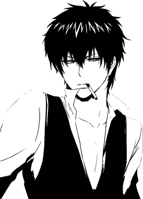 Hình vẽ anime chàng trai tóc đen, đeo găng tay, đang hút thuốc, mặc áo sơ mi và gile, nền xám.