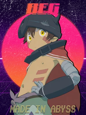 Hình ảnh nhân vật Reg từ anime Made in Abyss với phong cách retro, nền có hiệu ứng lưới và mặt trăng màu hồng cam.