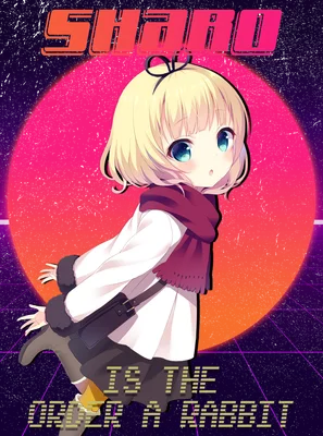 Hình ảnh cô gái anime tóc vàng, mắt xanh, mặc áo trắng, khăn đỏ, đeo túi, trên nền retro neon.