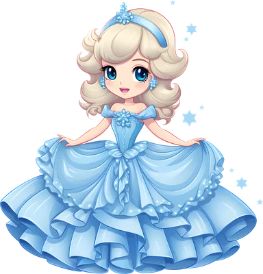 Hình minh họa công chúa chibi tóc vàng, mắt xanh, mặc váy dạ hội màu xanh bồng bềnh, có vương miện và hoa tai lấp lánh.
