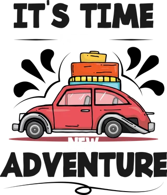 Hình minh họa xe hơi màu đỏ chở vali trên nóc, có dòng chữ 'IT'S TIME FOR A NEW ADVENTURE'