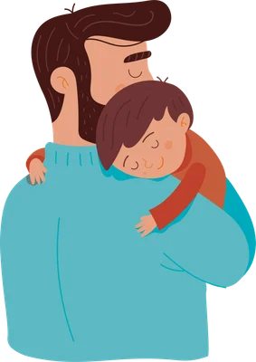 Hình vẽ minh họa bố ôm con trai ngủ say trên vai, thể hiện tình cảm gia đình ấm áp.