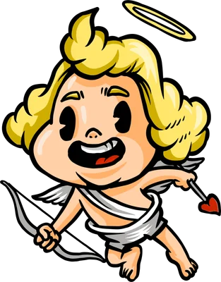 Hình vẽ hoạt hình thần tình yêu Cupid tóc vàng, có cánh, cầm cung tên và mũi tên trái tim, với vầng hào quang trên đầu, đang mỉm cười.
