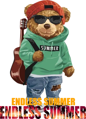 Hình vẽ gấu teddy đội mũ đỏ, đeo kính râm, mặc áo hoodie xanh lá, quần jeans rách, đeo đàn guitar sau lưng.