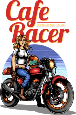 Hình minh họa cô gái tóc vàng ngồi trên xe máy Cafe Racer đỏ, đội mũ bảo hiểm, phong cách retro.