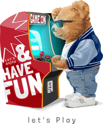 Hình vẽ gấu teddy đội kính, mặc áo khoác bomber, quần jean, chơi máy game thùng cổ điển.