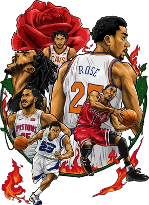 Hình ảnh minh họa Derrick Rose trong nhiều bộ trang phục thi đấu bóng rổ khác nhau, với hoa hồng và lửa.