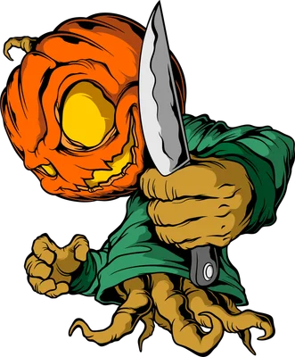 Hình minh họa bí ngô Halloween đầu người cầm dao, mắt và miệng phát sáng màu vàng, mặc áo xanh lá.