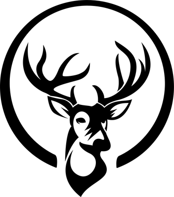 Logo đầu hươu với sừng lớn, nằm trong vòng tròn đen, phong cách tối giản.
