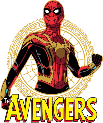 Hình ảnh Spider-Man trong bộ giáp Iron Man, đứng trước biểu tượng Avengers và vòng tròn phép thuật.