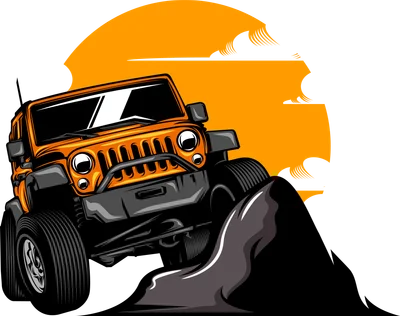 Hình minh họa xe địa hình off-road màu cam đang leo dốc đá dưới ánh trăng/mặt trời cam.