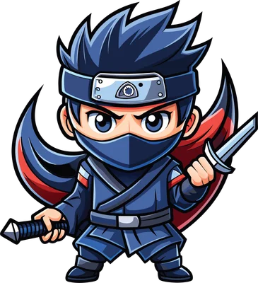 Hình ảnh nhẫn giả chibi phong cách anime, mặc trang phục xanh đen, đeo mặt nạ, cầm kiếm