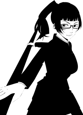 Hình ảnh minh họa cô gái anime tóc đuôi ngựa, đeo kính, mặc vest đen, phong cách đơn sắc.