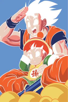 Hình ảnh Goku và Gohan trong trang phục đặc trưng, ngồi trên mây, phong cách anime Dragon Ball.