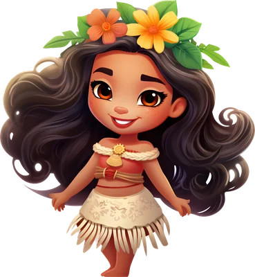 Hình ảnh cô bé hoạt hình phong cách chibi với mái tóc đen dài, vòng hoa trên đầu và trang phục thổ dân.