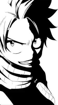 Hình ảnh Natsu Dragneel từ Fairy Tail, vẽ theo phong cách đen trắng, cận mặt, ánh mắt quyết tâm.