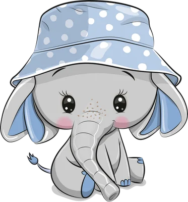 Hình ảnh minh họa voi con màu xám đội mũ bucket màu xanh dương có chấm bi trắng, đôi mắt to tròn long lanh, má hồng.