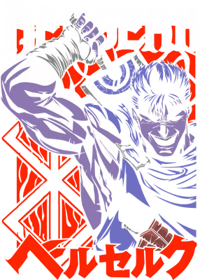Hình ảnh Guts từ Berserk với biểu cảm dữ tợn, tay cầm kiếm, trên nền xám có biểu tượng Brand of Sacrifice màu đỏ và chữ Kanji.