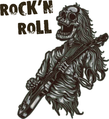 Hình ảnh bộ xương chơi guitar điện với mái tóc dài, phong cách Rock 'n Roll, có chữ "ROCK'N ROLL"