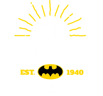 Logo Batman với dòng chữ The Batman, Est. 1940, Gotham City và biểu tượng dơi màu vàng đen trên nền xám.