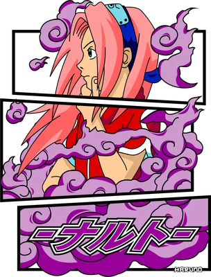 Hình ảnh Sakura Haruno từ Naruto với mái tóc hồng và trang phục đỏ, bao quanh bởi làn khói tím.