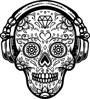 Hình ảnh đầu lâu được trang trí hoa văn phức tạp, đeo tai nghe, phong cách Sugar Skull.