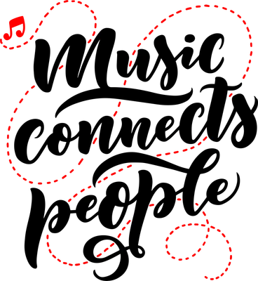Hình ảnh chữ viết tay đen 'Music connects people' với nốt nhạc đỏ và đường nét đứt trang trí trên nền xám.