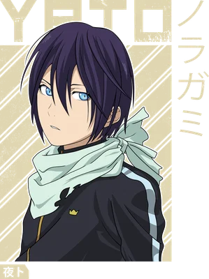 Hình vẽ anime nhân vật Yato từ Noragami với mái tóc đen, mắt xanh, đeo khăn quàng cổ.