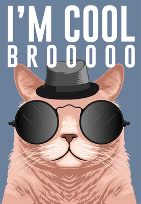 Hình minh họa chú mèo đeo kính râm đen và đội mũ phớt với dòng chữ I'M COOL BROOOOO