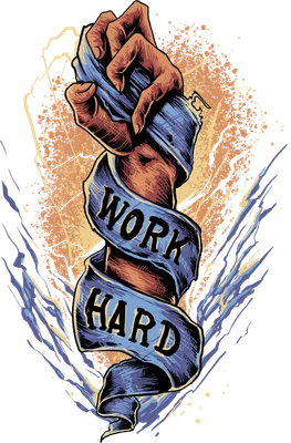 Hình ảnh một bàn tay nắm chặt một dải băng màu xanh dương có chữ "WORK HARD" được in trên đó, với hiệu ứng ánh sáng và tia sét phía sau.