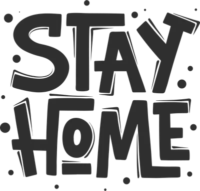Hình ảnh chữ 'STAY HOME' với font chữ dày, bo tròn, màu xám đậm trên nền xám.